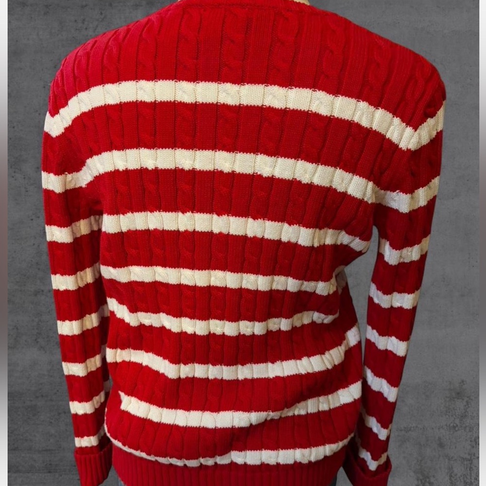 Ralph Lauren V Neck Cableknit Red White Striped Preppy Cotton Sweater - Picture 4 of 5